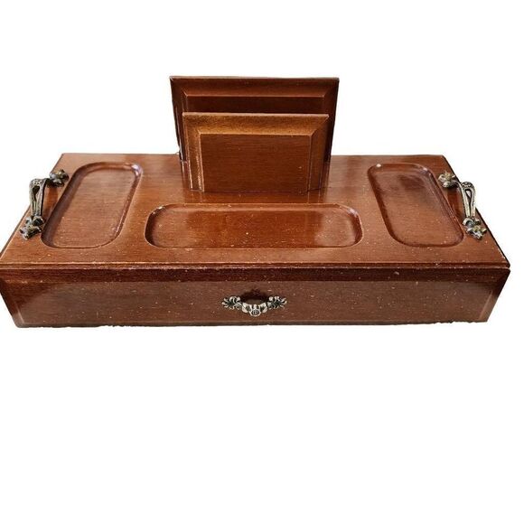 Vintage Men's Brown Wooden Valet Multi-purpose Jewelry-Vanity Box - Picture 1 of 12